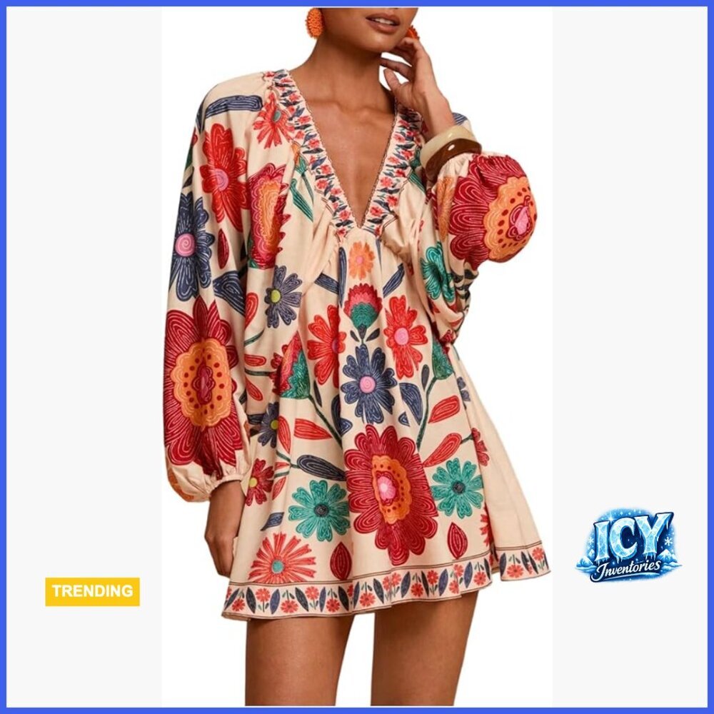 Boho Floral V Neck Mini Dress Bishop Sleeve Tie Open Back Casual